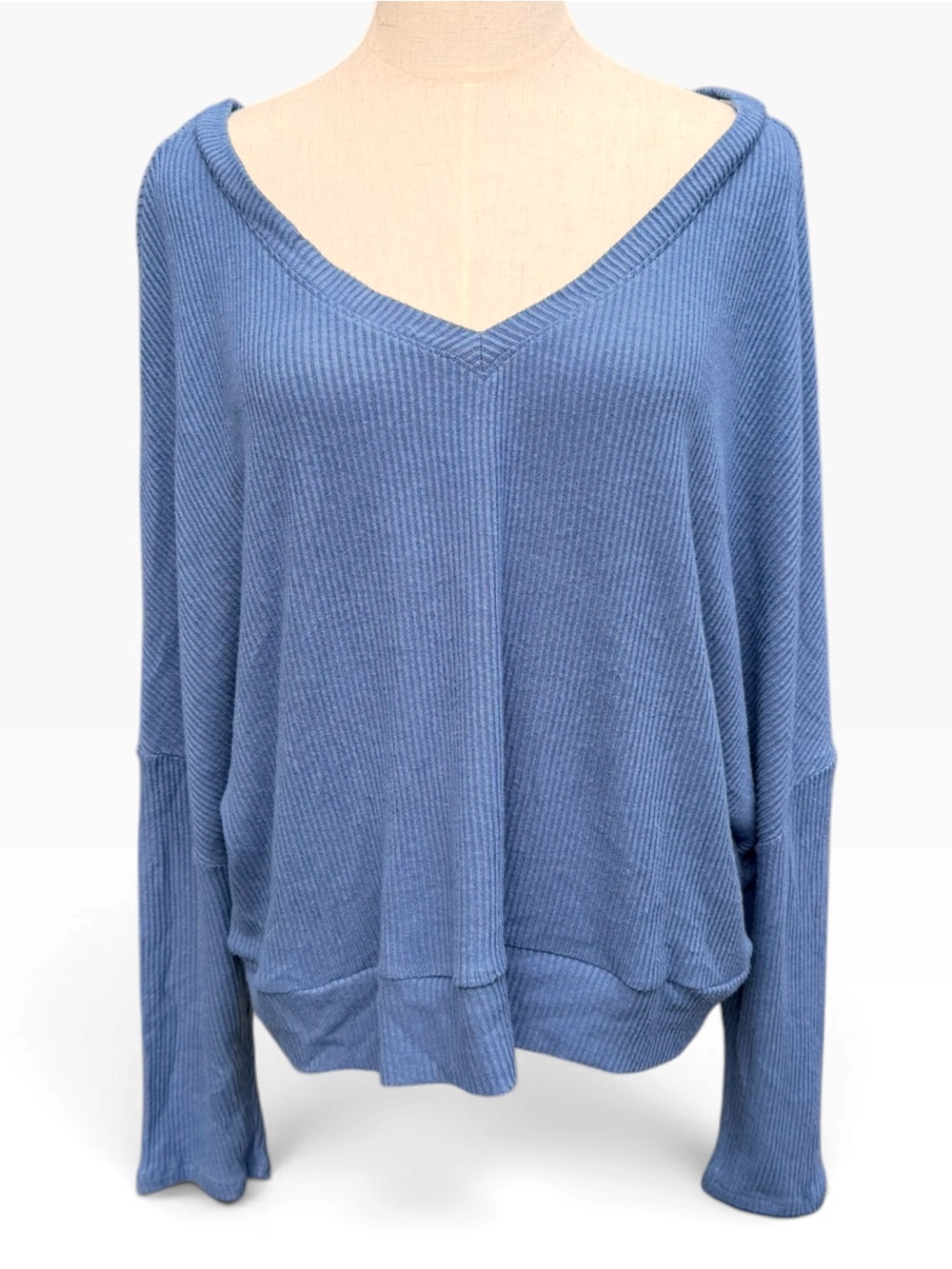 Auden Blue Ribbed V-Neck Sleep Top XXL Oversized Lounge Shirt - Picture 1 of 8